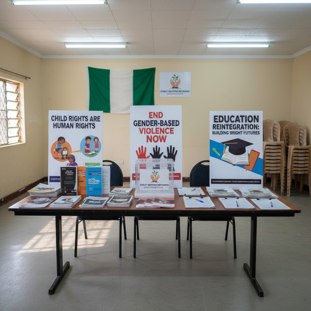 A carefully assembled advocacy display table set up in a modest community hall, featuring upright standing posters about child rights, gender-based violence prevention, and education reintegration, alongside stacks of well-designed brochures, clipboards with petition sheets, and a donation box clearly labeled for Street Mentors Network. A Nigerian flag and a small banner with the organization’s logo hang neatly on the wall behind. Overhead fluorescent lights provide bright, even illumination, while a single side window introduces a touch of natural light, casting mild, realistic shadows. Shot from an eye-level, slightly wide angle in photographic realism, the composition keeps the table central and sharp, with chairs and hall details subtly blurred. The mood is organized, purposeful, and civic-minded, highlighting structured advocacy and community engagement.