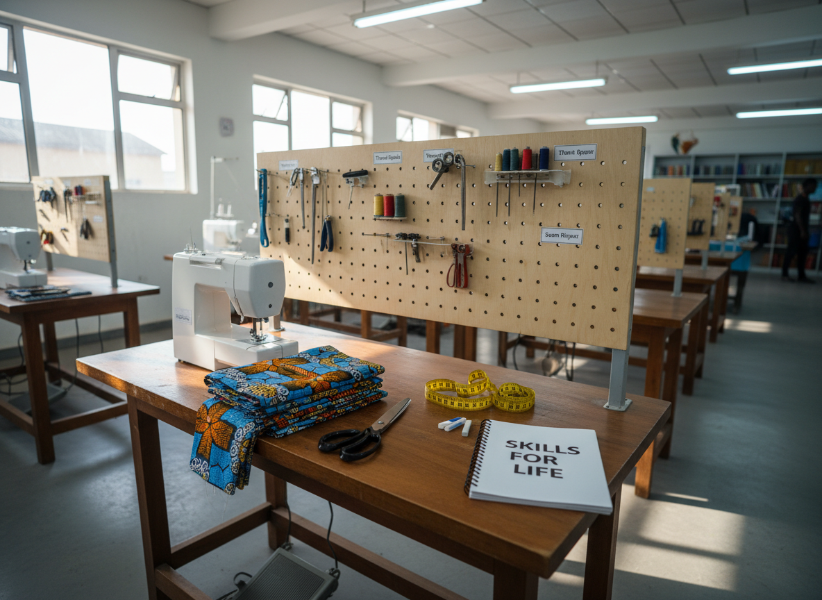 A compact vocational training workstation set up in a bright multipurpose room, featuring a sturdy wooden table organized with neatly arranged tools: a basic sewing machine, folded colorful Ankara fabrics, a measuring tape loosely coiled, scissors, chalk, and a notebook labeled “Skills for Life.” A simple pegboard on the wall holds additional tools, labeled carefully. Natural daylight pours in from high side windows, complemented by cool overhead fluorescent lights, creating even, professional illumination with subtle shadows under the tools. Photographed from a three-quarter overhead angle in crisp photographic realism, the composition highlights the worktable in the foreground while the rest of the room fades softly into the background. The atmosphere is industrious, empowering, and orderly, symbolizing practical vocational skills training for underserved youth.