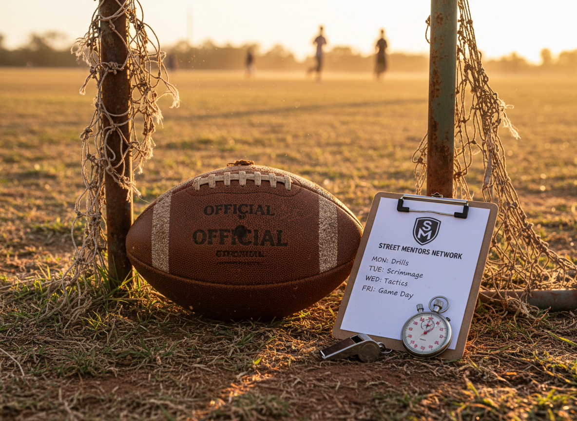 A worn but resilient leather football resting at the center of a dusty community field, its scuffed surface and faded markings clearly visible, surrounded by makeshift goalposts made from painted metal pipes. On the ground nearby lie a whistle, a stopwatch, and a small clipboard with a neatly written training schedule and the Street Mentors Network logo at the top. Warm golden hour sunlight stretches long shadows across the rough grass and reddish earth, creating a vibrant yet grounded atmosphere. Captured from a low, close-up angle with the ball in sharp focus and the surrounding field gently blurred, the photographic realism emphasizes texture and detail. The mood is energetic and hopeful, showcasing sports as a pathway for discipline, teamwork, and positive youth engagement.