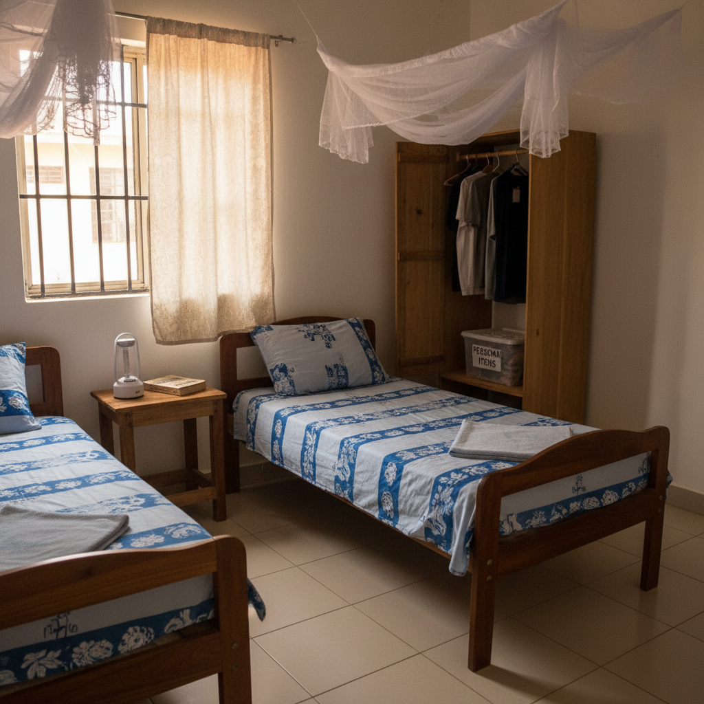 A simple, clean dormitory-style room in a small shelter, showing two neatly made single beds with plain but fresh patterned sheets, folded mosquito nets, and a shared wooden nightstand holding a battery-powered lantern and a well-thumbed storybook. A modest wardrobe stands open, revealing carefully organized clothes and a small labeled storage box for personal items. Diffused early-morning light enters through a barred but curtain-covered window, casting soft, reassuring shadows across the tiled floor. The composition is balanced using the rule of thirds, photographed in realistic detail from a slightly elevated angle to show the entire space. The mood is safe, orderly, and welcoming, representing dignified shelter and stability for street-connected youths in Uyo, Nigeria, with a clean, documentary-style aesthetic.