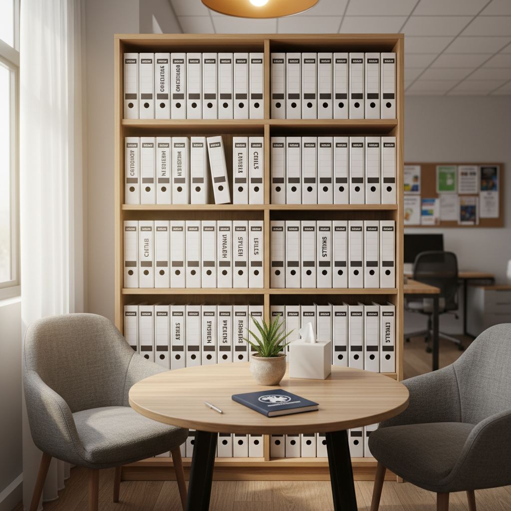 A quiet counseling and mentorship corner in a community office, built around a small circular table with two opposing fabric-covered chairs and a simple bookshelf filled with labeled binders on topics like “Child Protection,” “Mental Health,” and “Life Skills.” On the table rests a closed notebook with the Street Mentors Network emblem, a pen, a box of tissues, and a small potted plant adding a touch of green. Soft, diffused daylight from a nearby window combines with warm overhead lighting to create a gentle, non-intimidating ambience. Captured at eye level in photographic realism with a moderate depth of field, the focus remains on the table and chairs while the background office details are slightly softened. The mood is calm, professional, and confidential, evoking a safe space for mentorship and psychosocial support without showing any people.