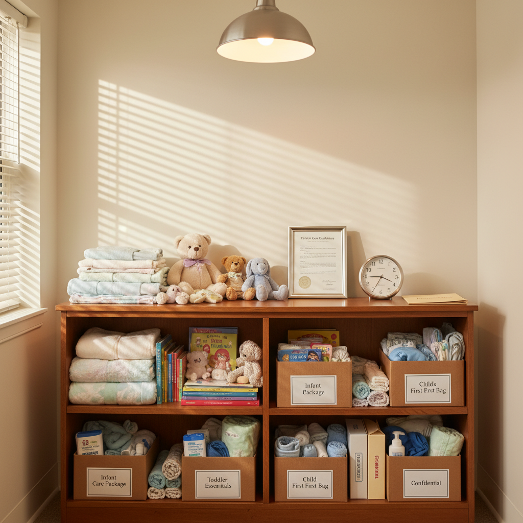 A nurturing foster care preparation space in a small office, centered on a low wooden shelf filled with neatly stacked baby blankets, soft toys, picture books, and clearly labeled care packages containing toiletries and basic clothing for different age groups. On top of the shelf sits a framed printed policy document titled “Foster Care Guidelines” beside a small table clock and a discreet folder marked “Confidential.” Gentle mid-morning light filters through blinds, creating thin stripes of light across the wall and shelf, complemented by a soft overhead lamp that evens out the exposure. Captured with photographic realism from a straight-on, eye-level view, the scene is sharply detailed yet uncluttered. The mood is compassionate, organized, and professional, conveying readiness to support vulnerable children without including any human figures.